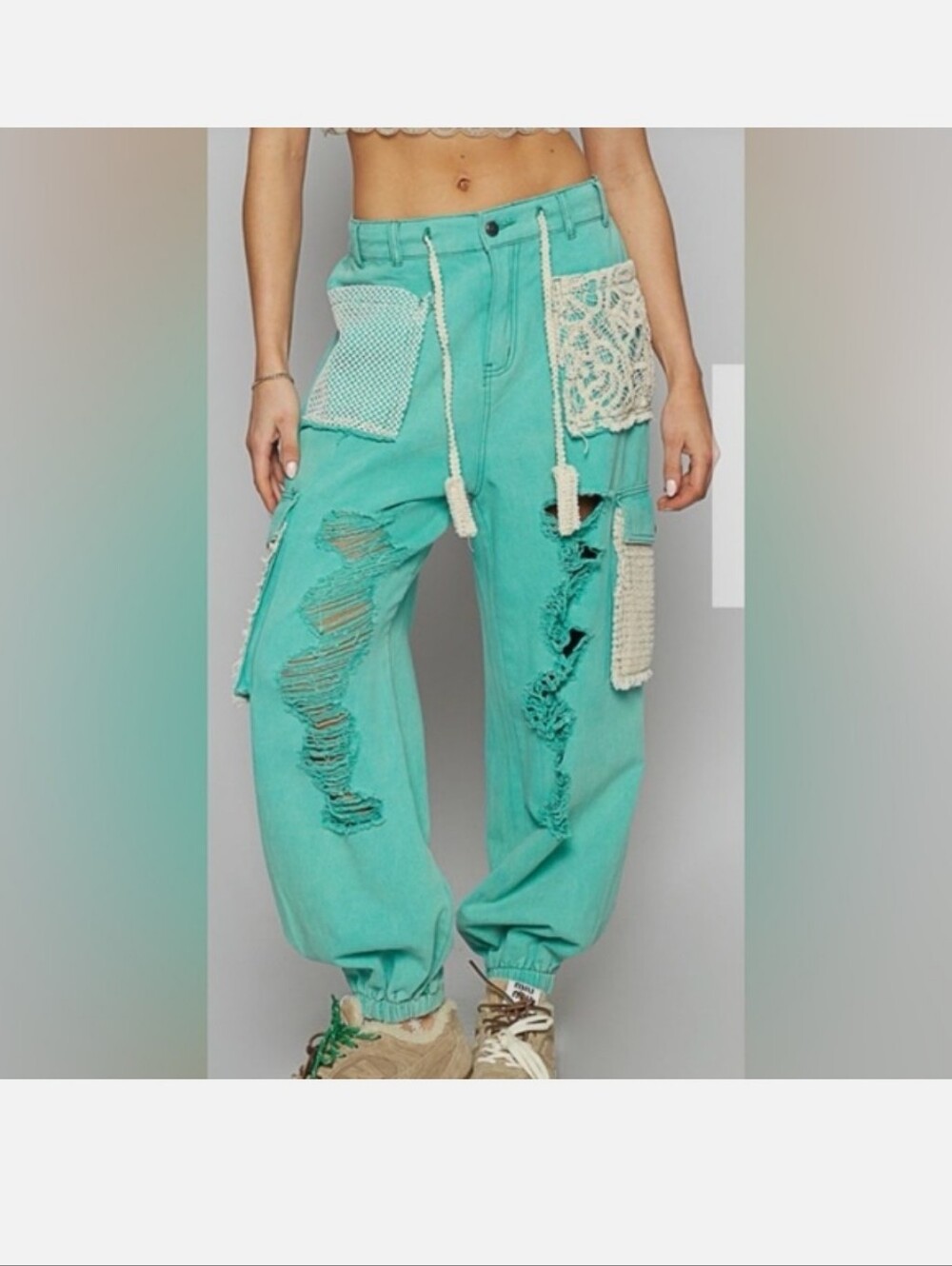 Turquoise Distressed Crochet Patch Cargo Joggers